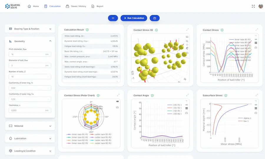 Bearing calculation software main user interface - BearingSolve